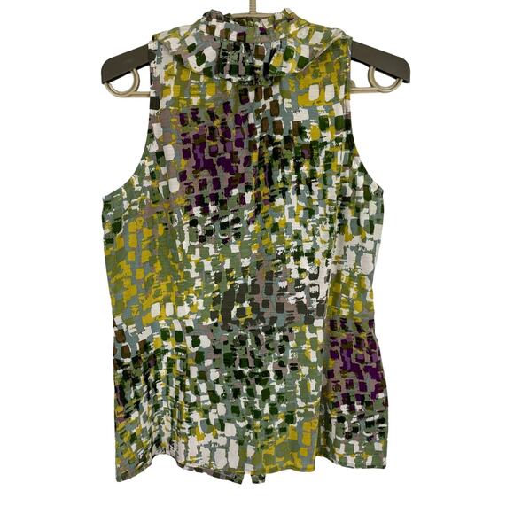 Ann Taylor 6 sleeveless ruffle blouse green abstract print silk cotton preppy - Picture 2 of 9